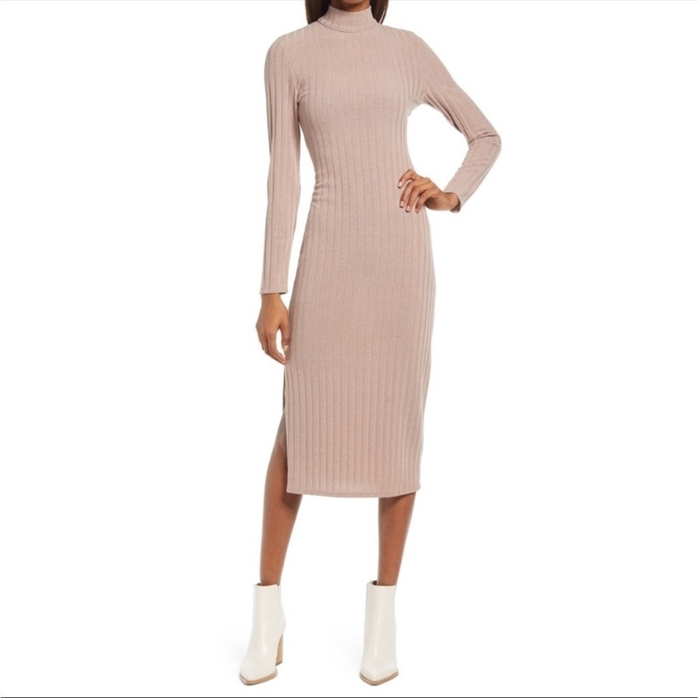 Floret Studios Mocha Ribbed Mock Neck Midi Dress ADR101062 Long Sleeve Side Slit